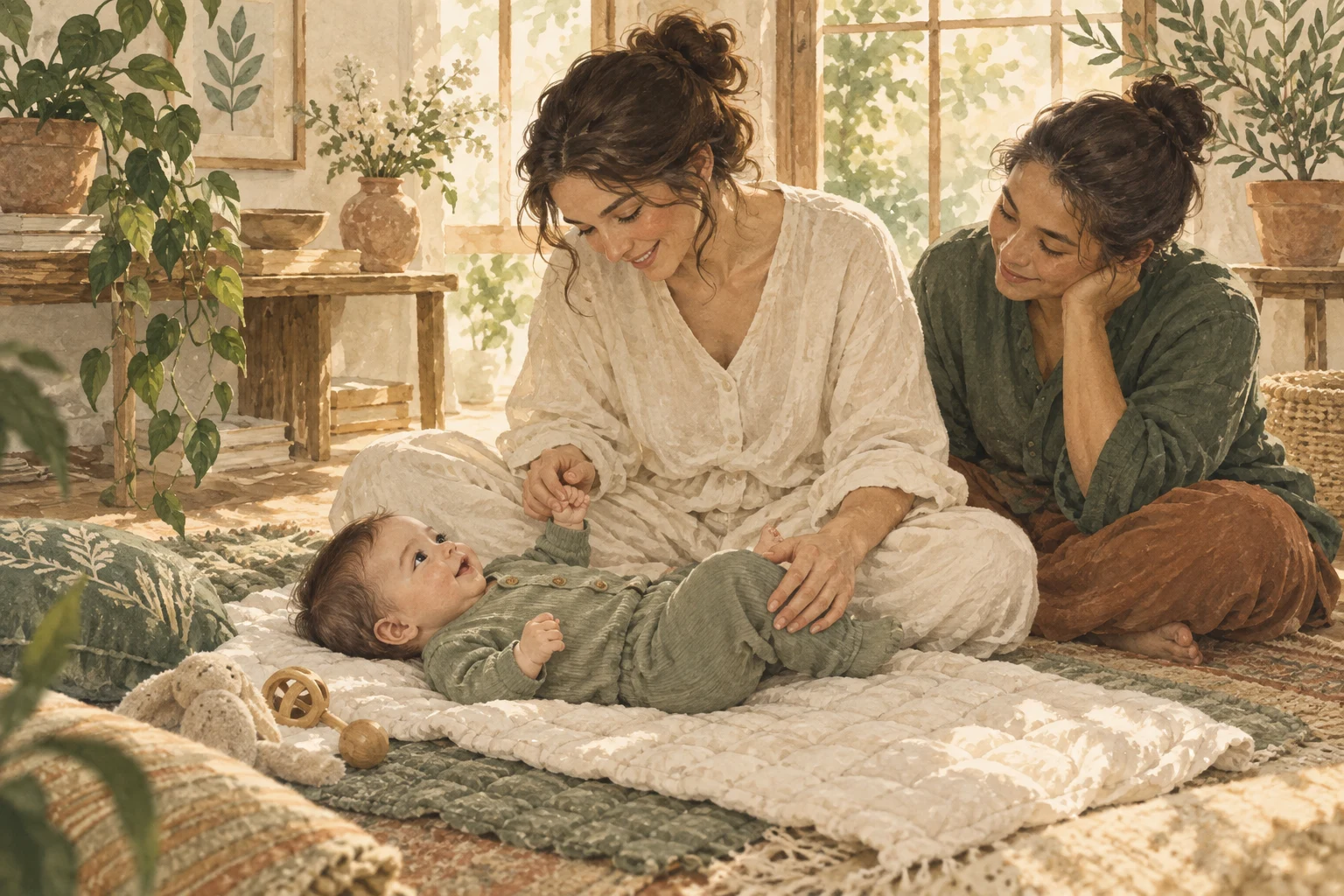 Illustration of parents connecting with their baby through gentle touch