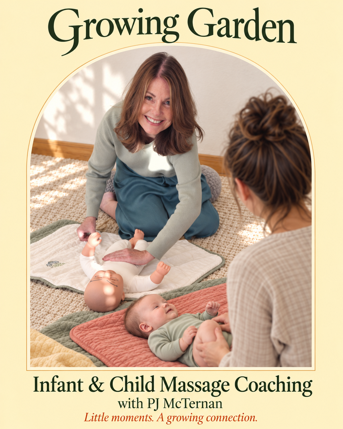 PJ McTernan demonstrating infant massage with a doll while guiding a parent and baby